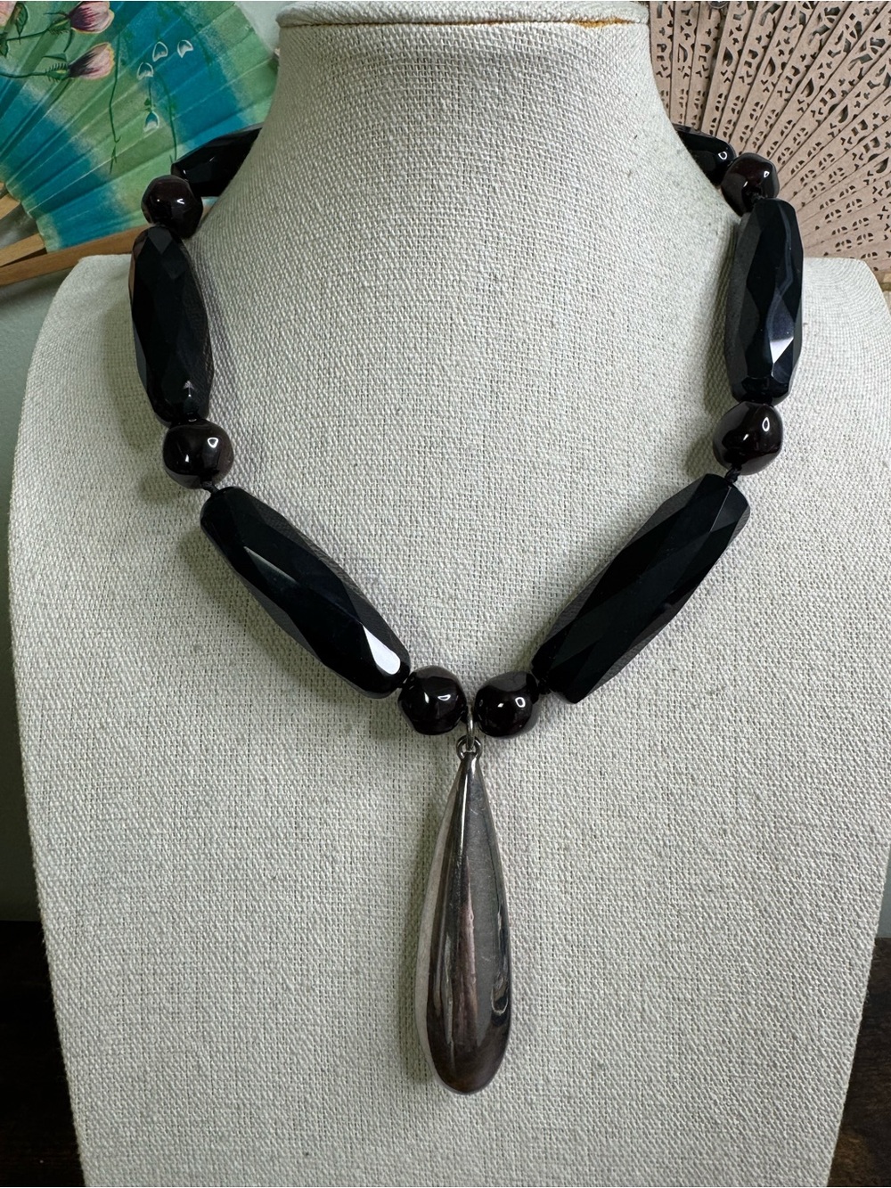 Black Onyx Heavy Beaded Necklace with Silver Teardrop Pendant and 925 Clasp